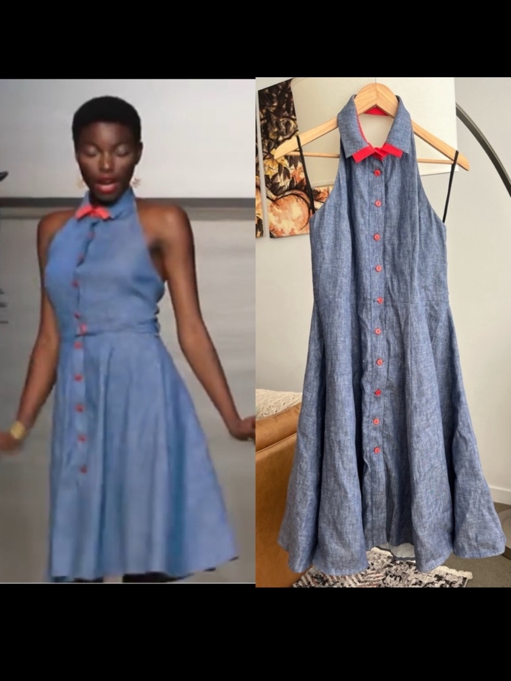 Annie50 Linen Chambray Button Front Halter Midi Dress